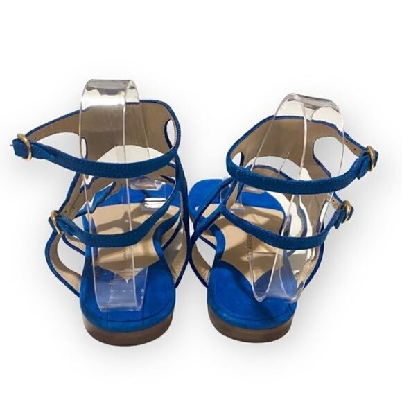 Paul Andrew double ankle strap flat thong sandals in blue embossed suede, New - Picture 6 of 12